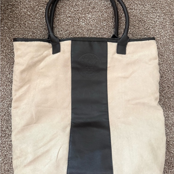 Vince Camuto Beige Black Tote Bag Large Canvas Leather Trim - Picture 4 of 4